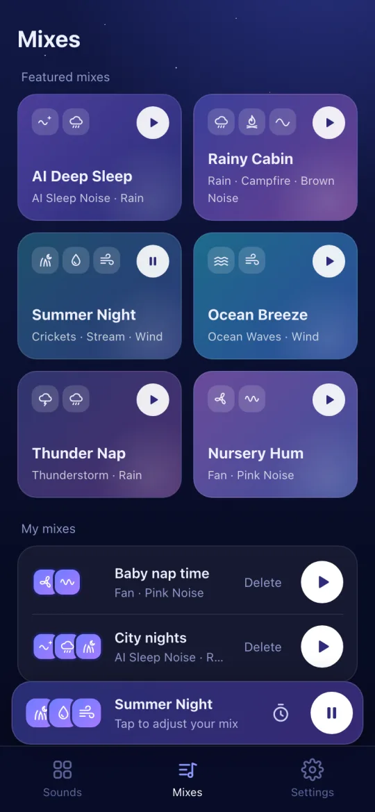 Featured mixes such as Rainy Cabin and Summer Night